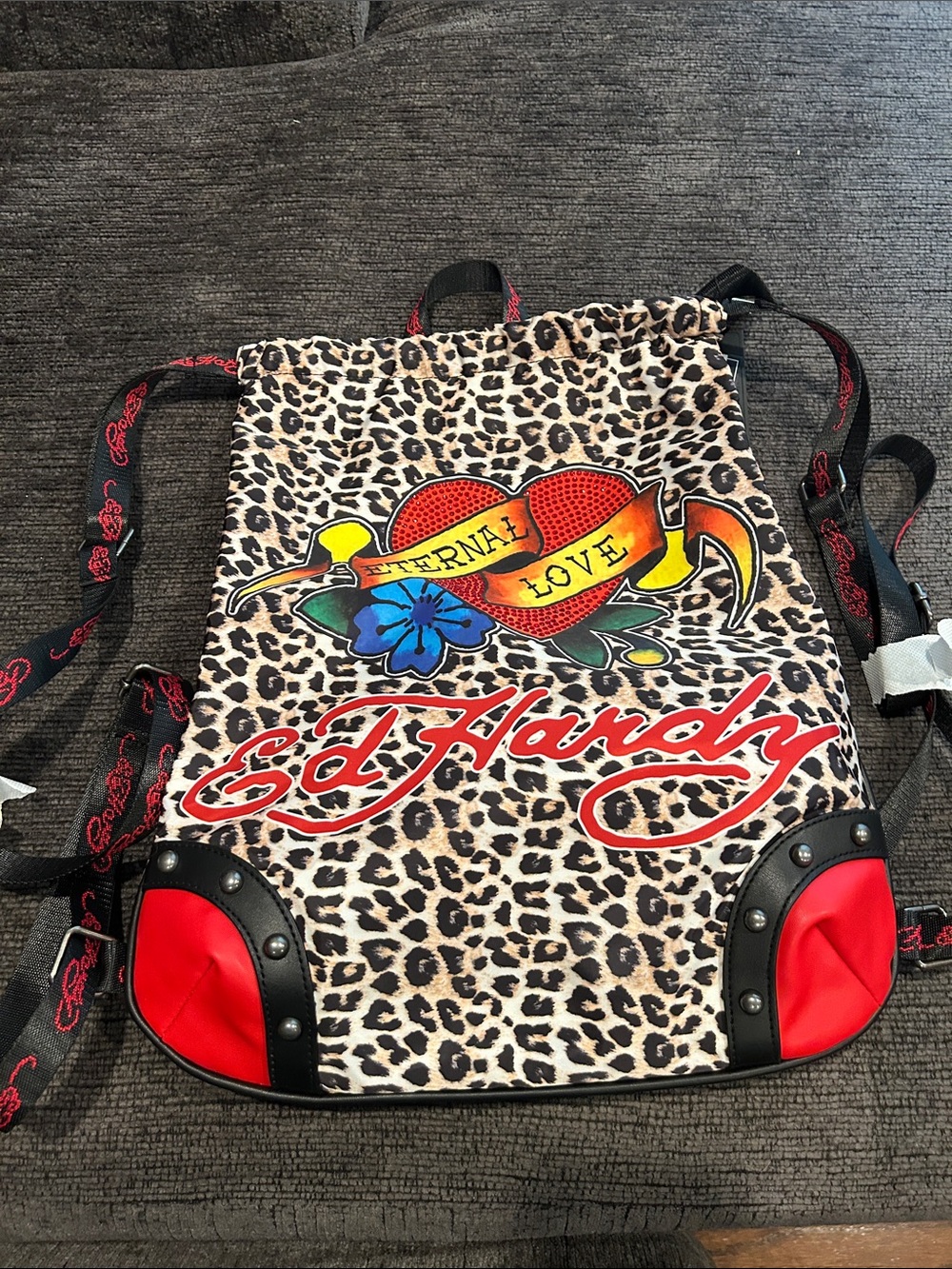 Ed Hardy Leopard Print Drawstring Backpack with Red Accents